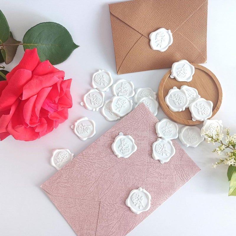 Pilloze 50 Pcs Adhesive White Rose Wax Seal Stickers, Roses Seal for Envelope, Easy to Use and Good Adhesion White Envelope Stickers, Wedding Invitation Accessories - Image 3